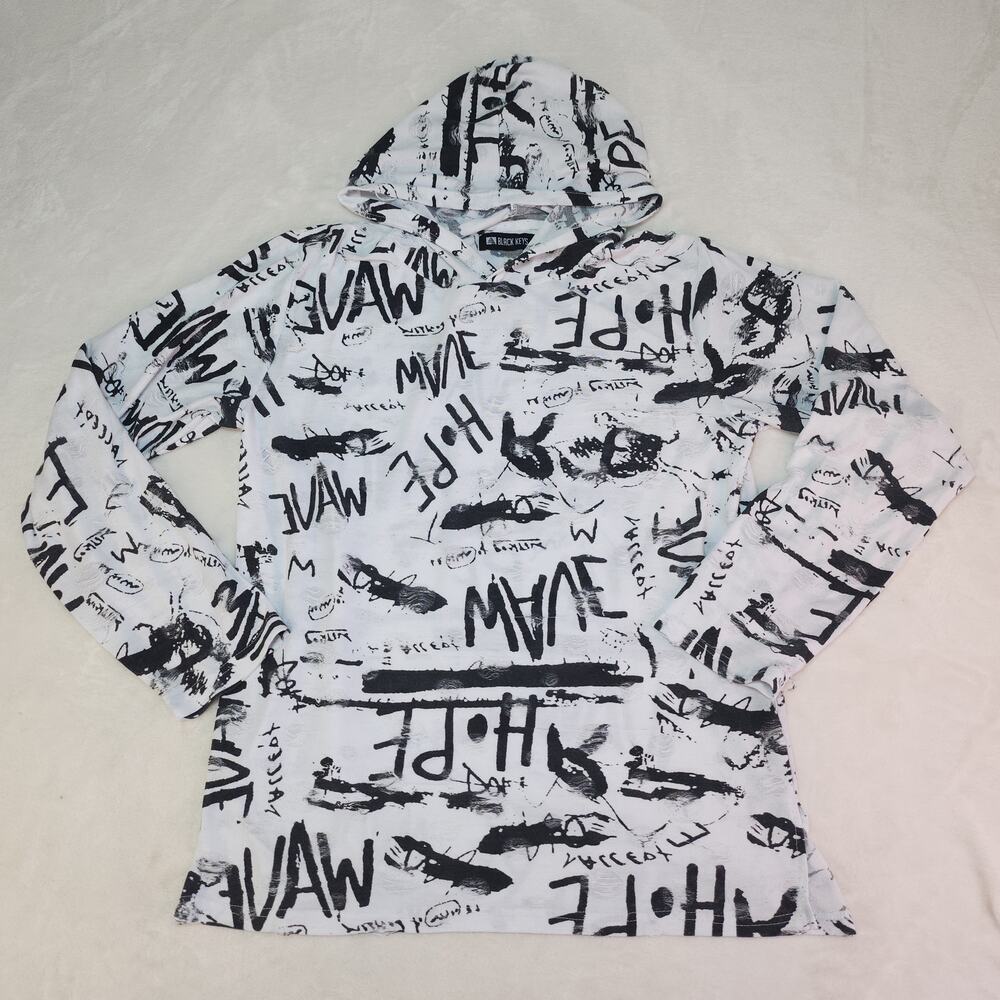 Black Keys BKYS Hope Wave Graphic Streetwear Hoodie Mens Large White Distressed